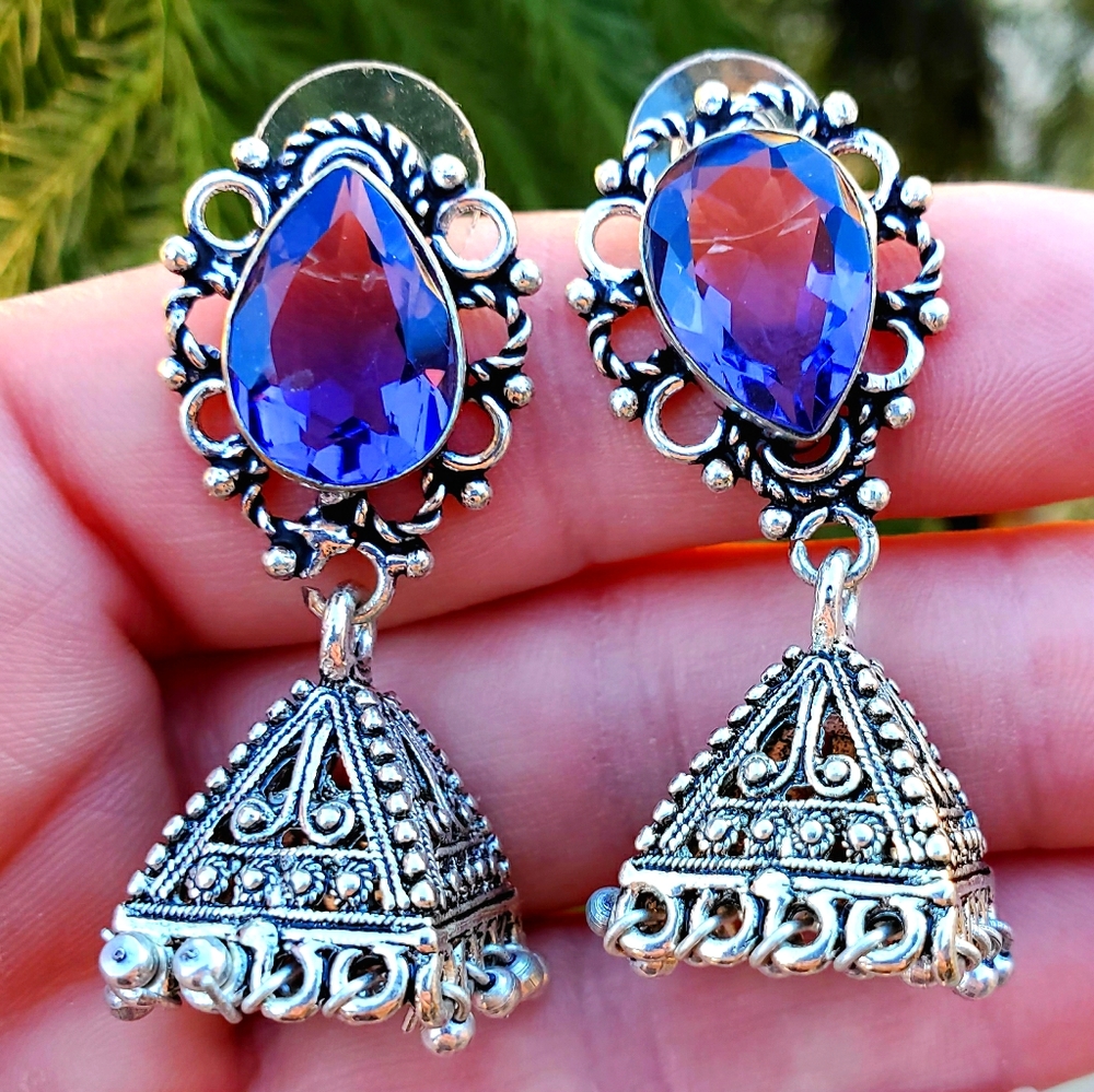New Stunning Amethyst Silver Jhumka Bell Drop Earrings.